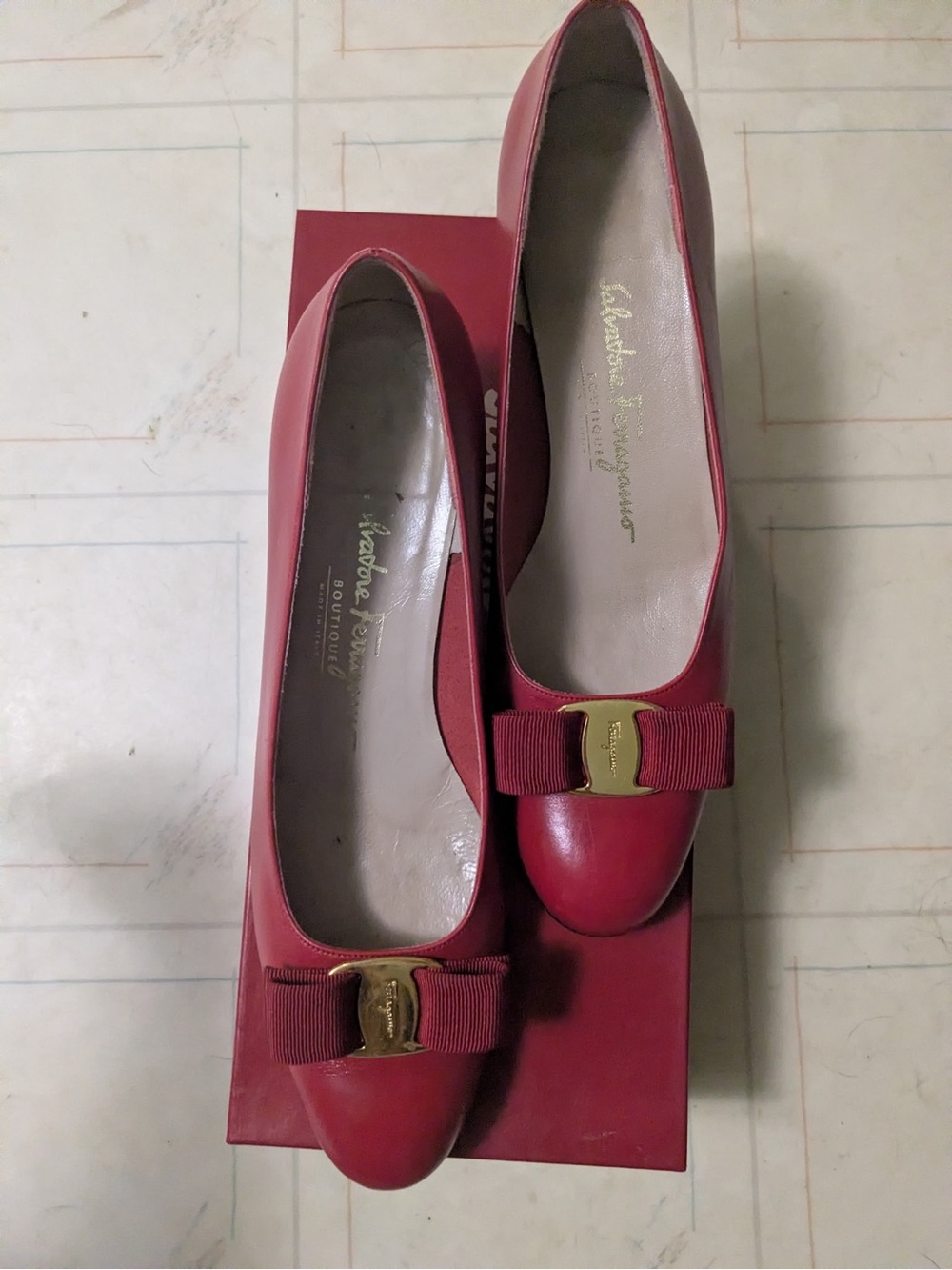 Salvatore Ferragamo Red Leather Vara Bow Flats with Gold Plaque